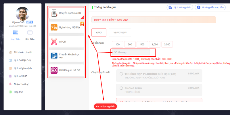 Hướng dẫn nạp tiền tại cam368